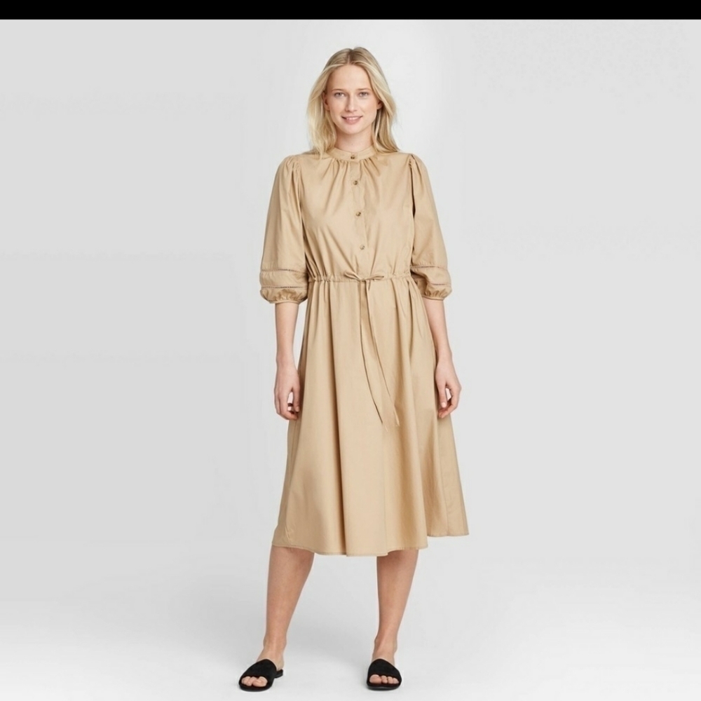 Who What Wear Beige Midi Dress tie waist puffy sleeves size XS khaki